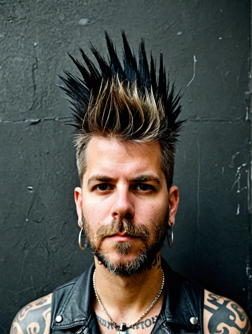 A male punk rocker with tattoos & a mohawk