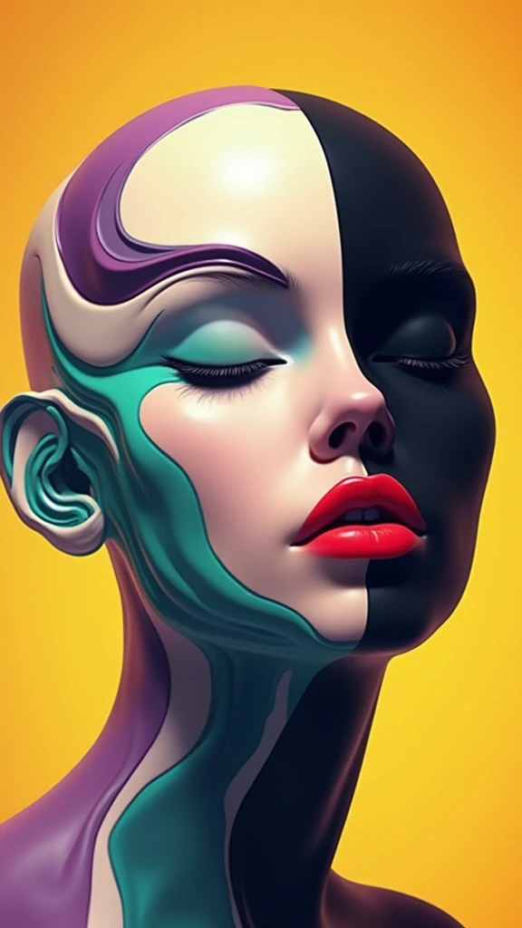 A surreal digital illustration of a stylized human face with closed eyes made up of abstract, fluid shapes, with a combination of smooth, flowing lines and sharp geometric edges. The left side of the face is formed by a mix of colorful, swirling liquid shapes in shades of purple, teal, and white, while the right side features a more rigid, black, separated sharply in the middle. sculpted form with minimalist features. The lips are bright red and glossy, positioned centrally, creating a striking focal point. The background is a gradient that transitions from warm yellow-orange at the center to a darker shade at the edges, giving a glowing effect behind the abstract face. The overall style is futuristic and artistic, with a strong emphasis on contrast and symmetry.