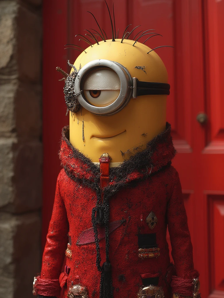 Minion
Create soft red tones, textured fabric, intricate eye patch, surreal fashion, avant-garde, surreal body modification, shimmering, calm expression, modern couture, mystical appearance, patchwork, middle ground, high contrast, surreal, exaggerated features, cartoon-like, stone wall texture, shadow play, whimsical, satirical, urban street, vintage aesthetic, surrealism, elongated nose, minimalist setting, eerie