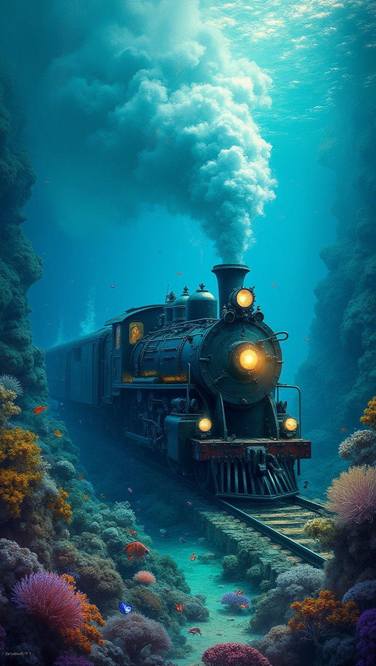 A vintage steam locomotive submerged in crystal clear ocean waters, billowing steam and smoke forming ethereal bubbles, surrounded by vibrant coral reefs teeming with colorful sea creatures. The train is stationed at an underwater platform, with whimsical marine life boarding the carriages, adding a surreal touch to this underwater scene. Drawing, under water, moonlit, spooky vibe