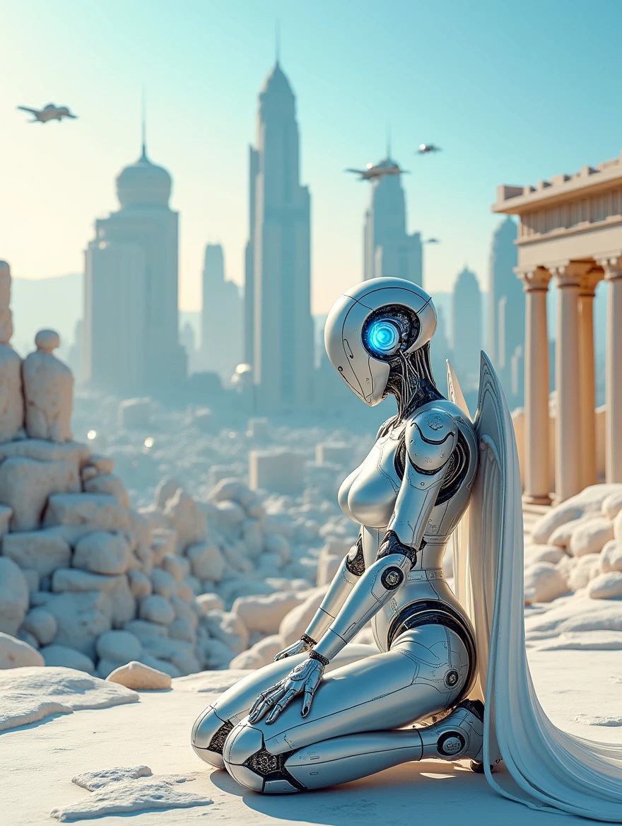 A Greco-Futurism styled cityscape blending ancient Greek architectural elements with futuristic buildings rises against the horizon. The skyline showcases a fusion of marble temples, statues, and columns harmonizing with sleek skyscrapers, flying vehicles, and holographic billboards. The color palette plays with whites, golds, and hints of neon blue accents to create a mesmerizing contrast. The scene invites viewers to ponder the coexistence of past and future in a vibrant and dynamic metropolis.


A futuristic female robotic warrior made of High Purity Titanium Steel (10% chromium) kneels in the Liquid Metal World Universe, conducting a complex repair. Her razor-sharp wings exude a fierce aura as she reverently approaches the Gateway. Neon bioluminescent gradients dance off intricate circuitry patterns on her metallic skin, while cybernetic enhancements pulse with blue light, enhancing her powerful appearance against the alien landscape. The scene is crafted in a photorealistic style