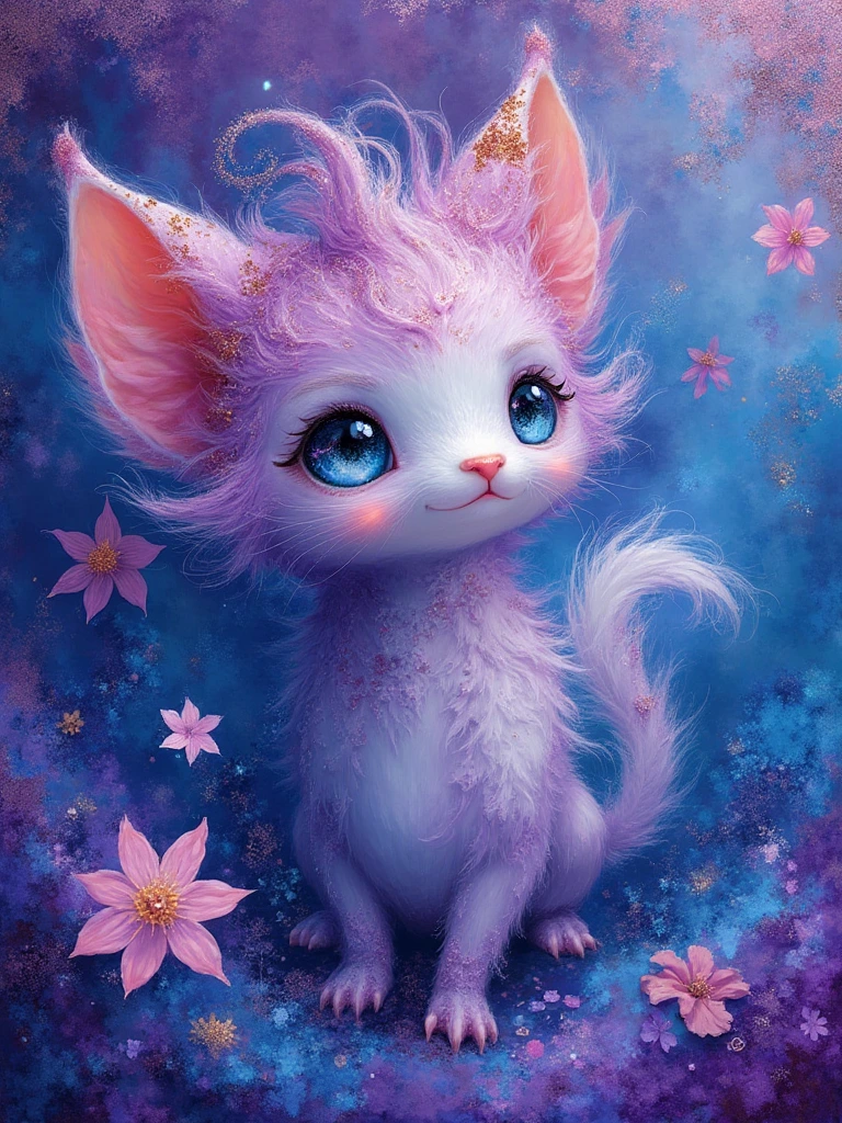 Create a close-up of an adorable chibi fantasy creature with a mesmerizing blend of purple, velvet and blue hues alcohol ink and acrylic glitter paint, painting inspired by the whimsical styles of Michael Cheval, Luis Royo, and Mucha reminiscent mashup of Nordic and Scandinavian art styles. Vibrant colors blend in intricate swirls, creating a dreamy, ethereal background reminiscent of a mystical Candyland. Subtle grunge elements add a touch of dark charm, while hints of a benevolence whimsical appearance float through the composition. The distinctive styles of each artist intertwine, inviting viewers into an enchanting, otherworldly realm of artistic wonder.