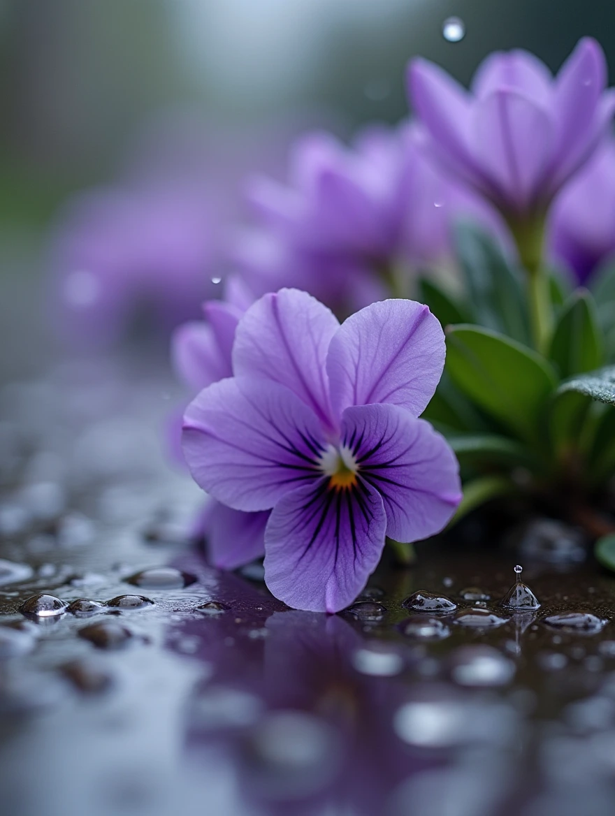 Purple Rain falling on violets, macro photo focus on splashing purple raindrops on the lavender sidewalk