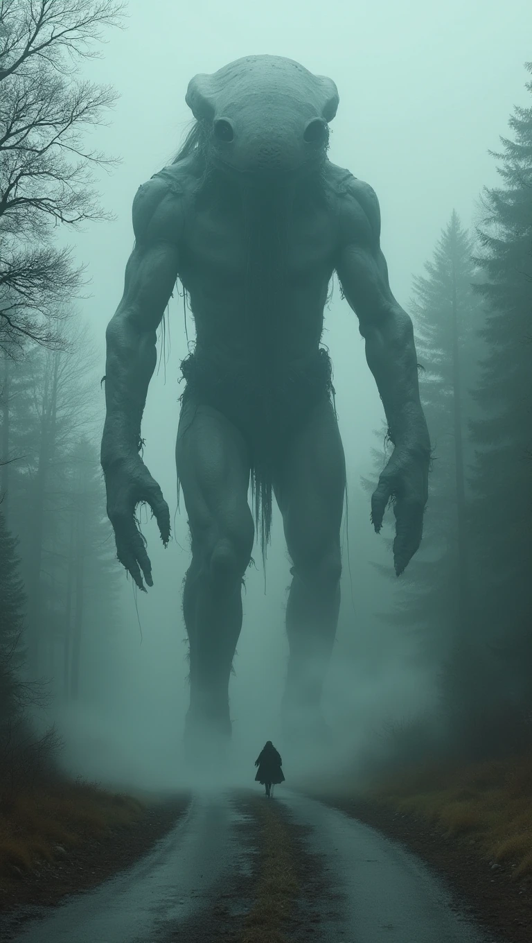 A strange colossus alien figure Inspired by a mixture of the styles of Moebius, Beksiński, Witkacy, on a foggy road, neo-medieval period and celestialpunk elements, with a black forest in the background, The scene captures a fusion of ancient medieval aesthetics with a futuristic and celestial twist, blending seamlessly in a photorealistic, detailed depiction.