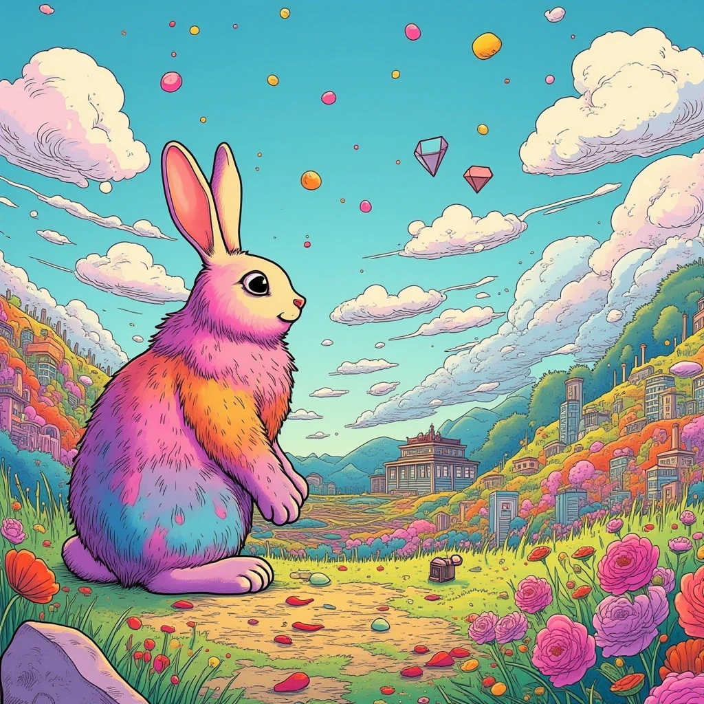 A vibrant and fluffy bunny with a colorful fur coa…