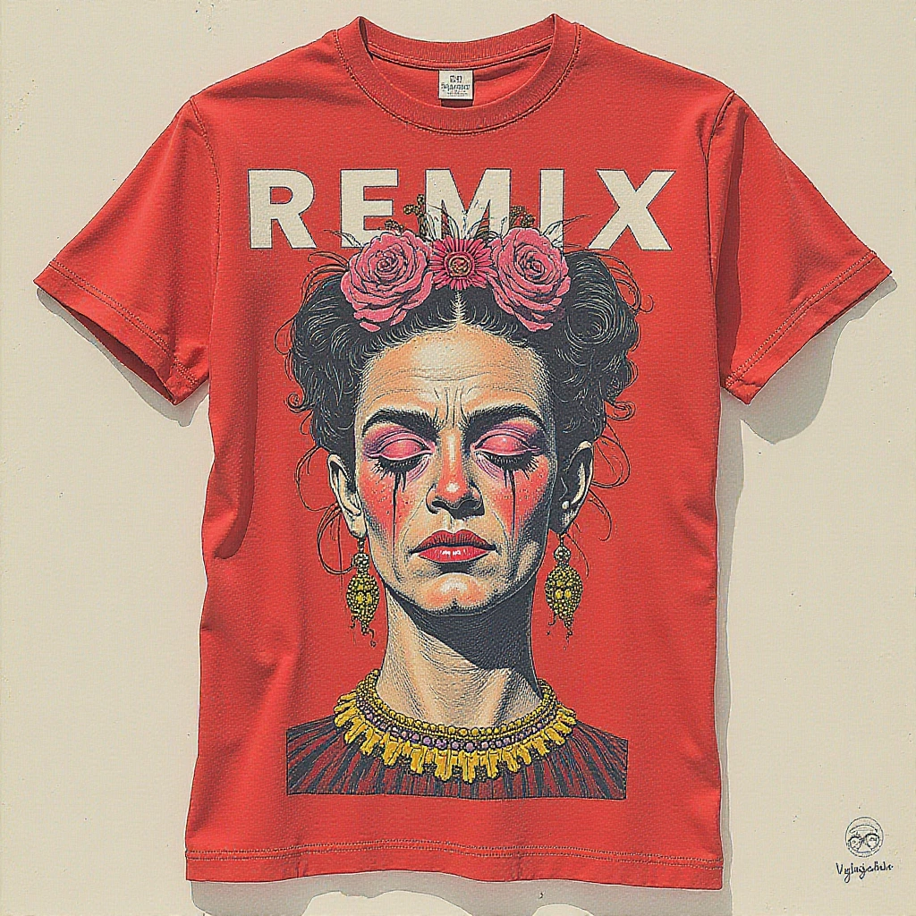 A wild proliferation of styles Friday Kahlo displayed under the word "REMIX". Red tshirt design