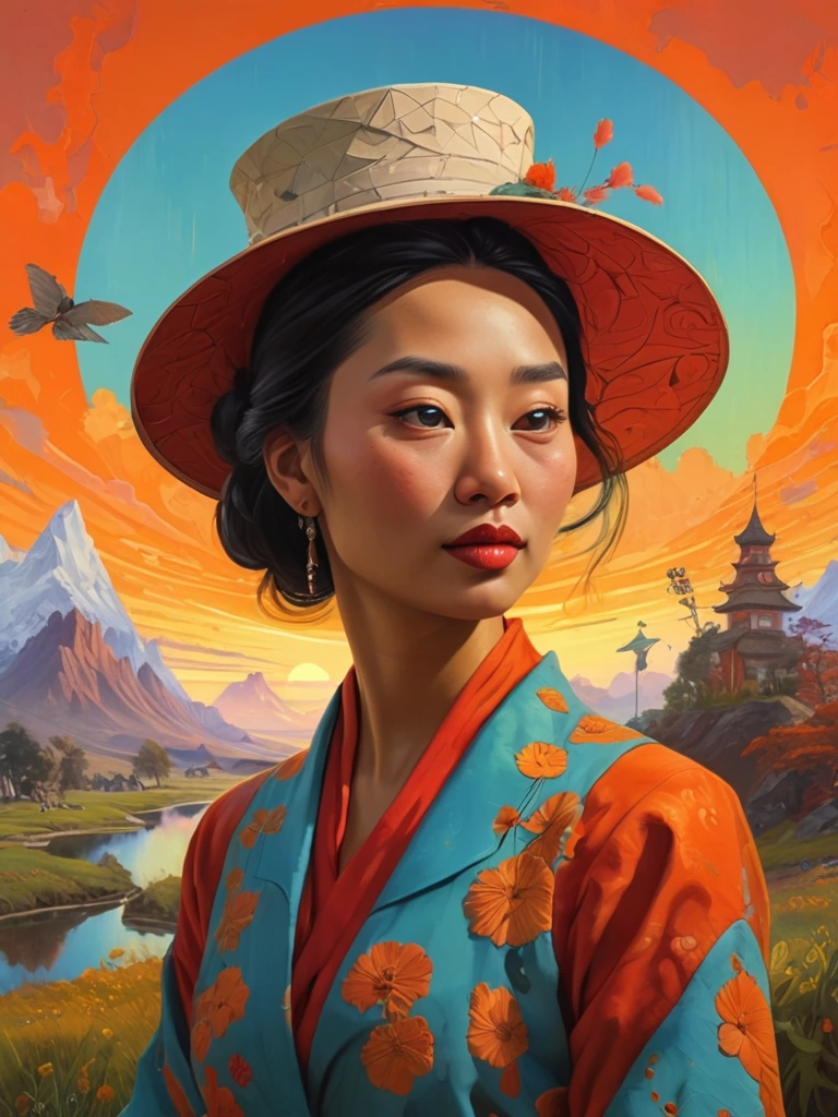 An ultra-detailed, textured oil painting by Gaugin, featuring a beautiful Asian woman, with lush, deeply colored incandescent hues of the dawn sky. Ornate style of Dr. Seuss, showcases a futuristic, meticulous surrealism creation with hexagonal tessellation, Voronoi Diagrams, and the Doppler effect. Utilizing the cutting-edge Octane Render technology, this artwork masterfully blends a whimsical scene inspired by Jakub Rozalski and Dr. Seuss, with elements of Salvador Dalí and Pablo Picasso.