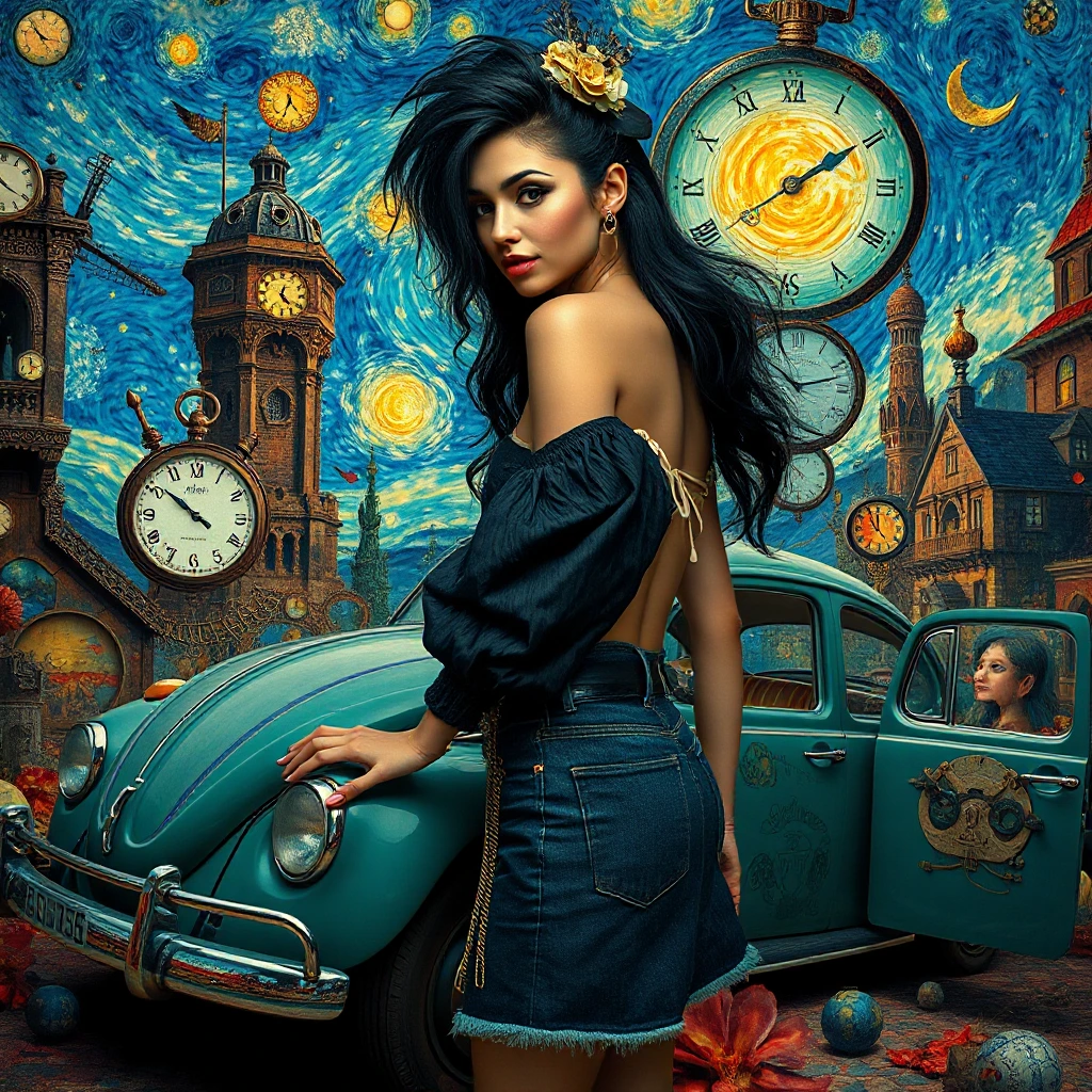 A surreal composition blending Salvador Dali's melting clocks, Vincent van Gogh's Starry Night sky, and MC Escher's impossible architecture. Adorned with the features of various artists, a stunning woman with long tousled ebony hair and a steampunk aesthetic stands beside a Volkswagen Beetle. In a distorted dreamscape, vibrant colors and intricate details intertwine, creating a mesmerizing and chaotic scene that captivates with its twisted beauty.