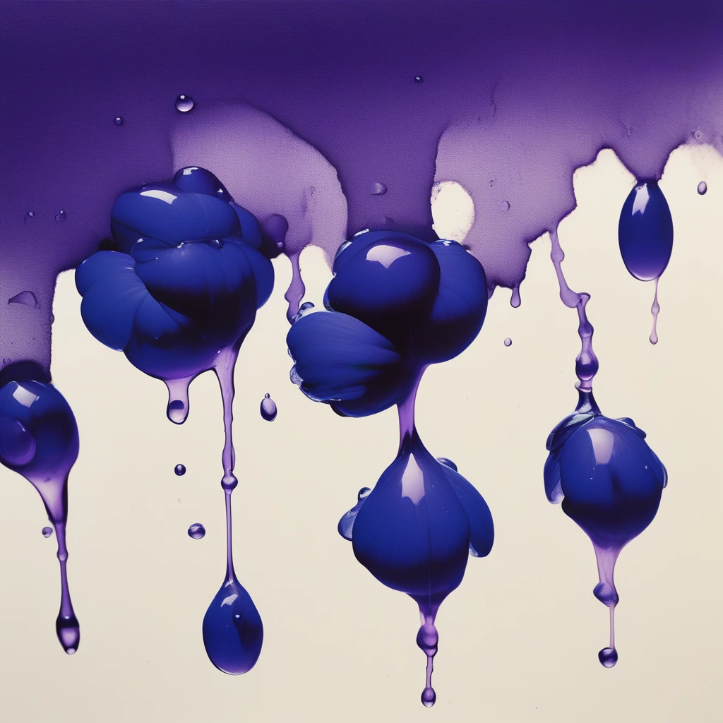 Splashing purple liquid, close-up, purple rain falling on violets, macro photo focus on splashing purple raindrops on the violet petal, in the style of Robert Crumb, Stanley George Miller, and Arnulf Rainer. Cyanotype photo