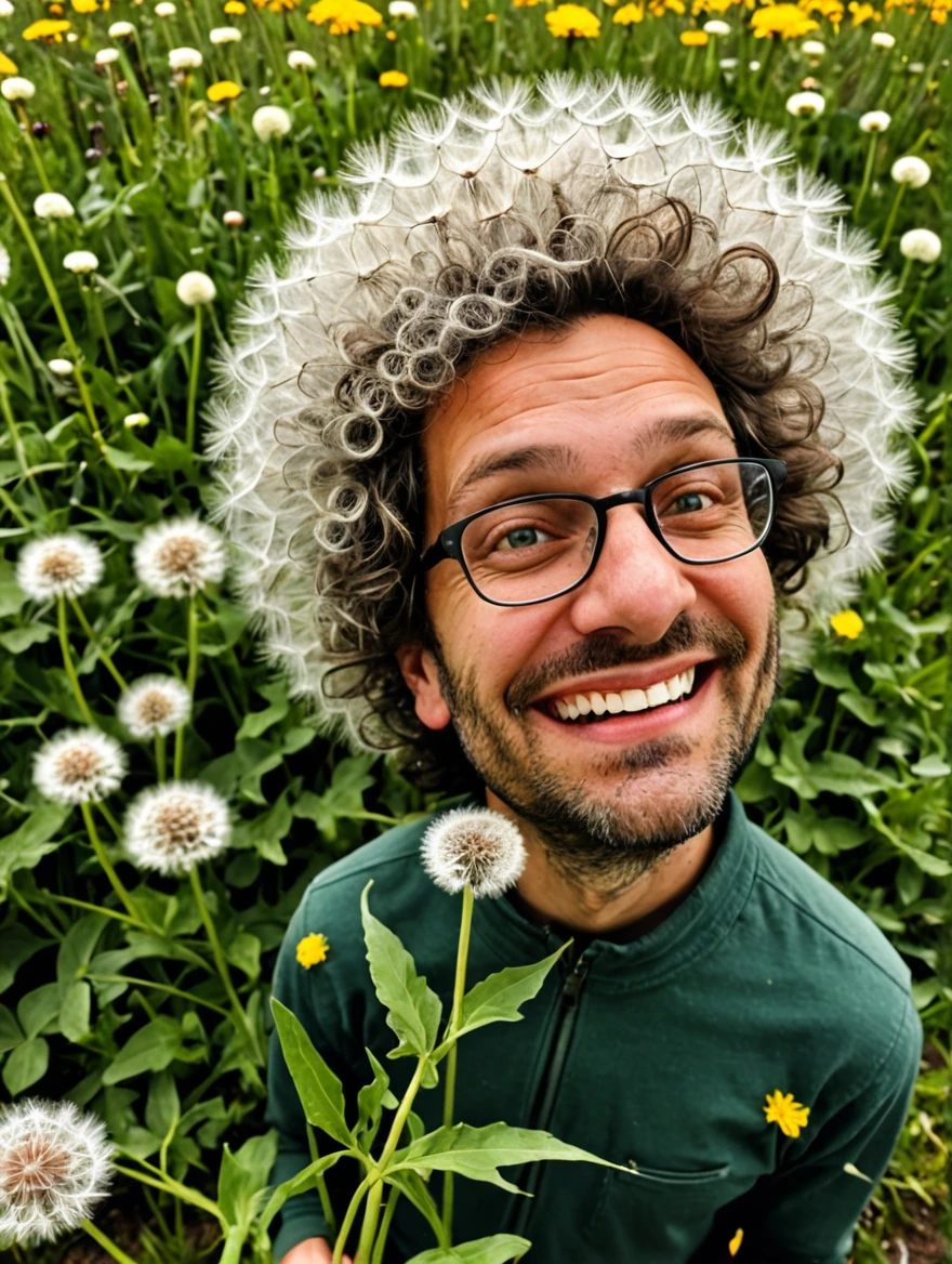 tiny man standing under a giant dandelion