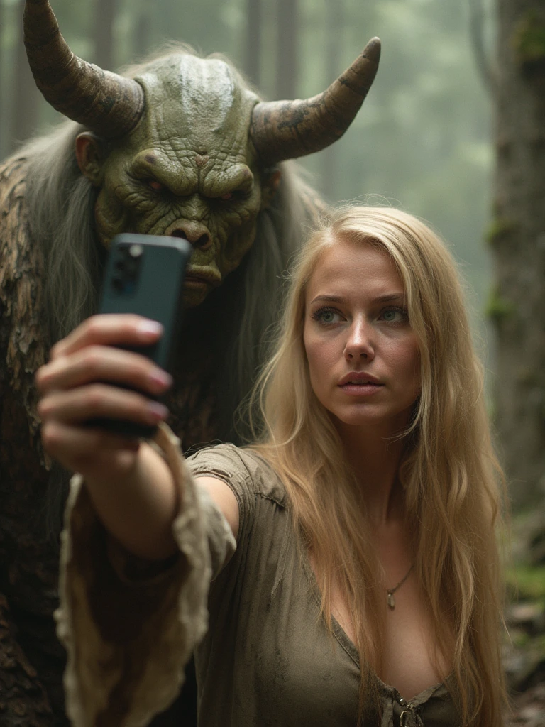 Blonde woman photobombed by a lord of the rings orc with subglasseswhile taking a selfie cinematic, epic realism,8K, highly detailed