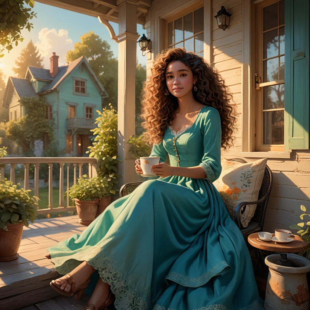 A stunning young woman with voluminous curly hair, wearing a long turquoise ombre dress sitting on a quaint porch bathed in golden morning light. She delicately holds a steaming cup of coffee, her serene expression reflecting the peaceful start to her day. A charming wallpaper behind her reads "Good morning", adding a touch of coziness to the scene. The composition captures a moment of tranquil beauty and warmth. 3	d. Pixar