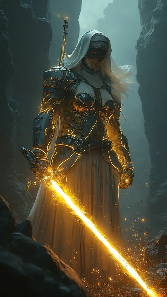 A cybernetically enhanced warrior nun stands resolute among towering rocks. Her luminous armor is intricately adorned with pulsating neon wires, casting a soft, ethereal glow. Covered with a nun's headscarf, her face remains concealed in an aura of mystery. Gripping a futuristic lightsaber, it emits a vibrant yellow light that crackles with electrifying energy, surrounded by a cascade of dazzling sparks. This high-definition rendering captures the tension-filled atmosphere, accentuating the elaborate armor and intricate decorative elements.