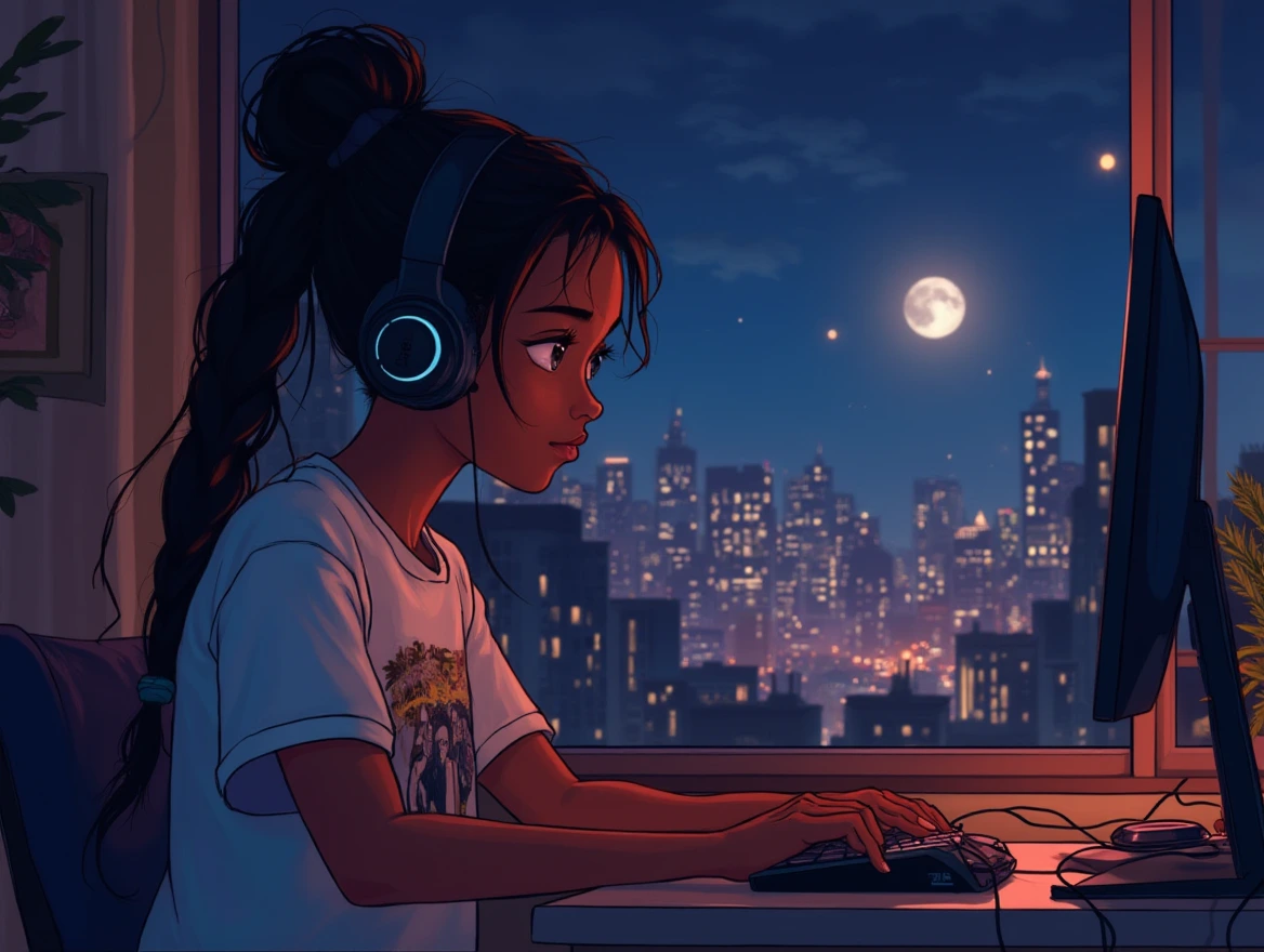 An anime-style illustration of an African American girl with braided hair, wearing over-ear headphones and a graphic T-shirt, intensely focused on her computer screen in a cozy, warmly lit room. The cityscape outside her window glows under the moonlight, creating a nostalgic and vibrant atmosphere. A touch of artistic flair in the top right corner enhances the stylish composition, adding an extra layer of creativity to the scene.