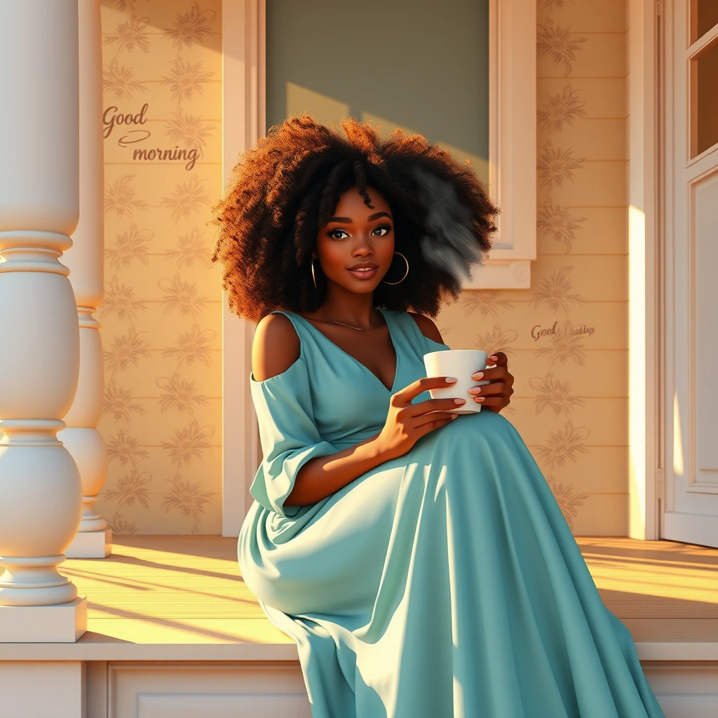 A stunning young  African American woman with voluminous curly hair, wearing a long tiffany blue dress sitting on a quaint porch bathed in golden morning light. She delicately holds a steaming cup of coffee, her serene expression reflecting the peaceful start to her day. A charming wallpaper behind her reads "Good morning", adding a touch of coziness to the scene. The composition captures a moment of tranquil beauty and warmth. 3	d. Pixar