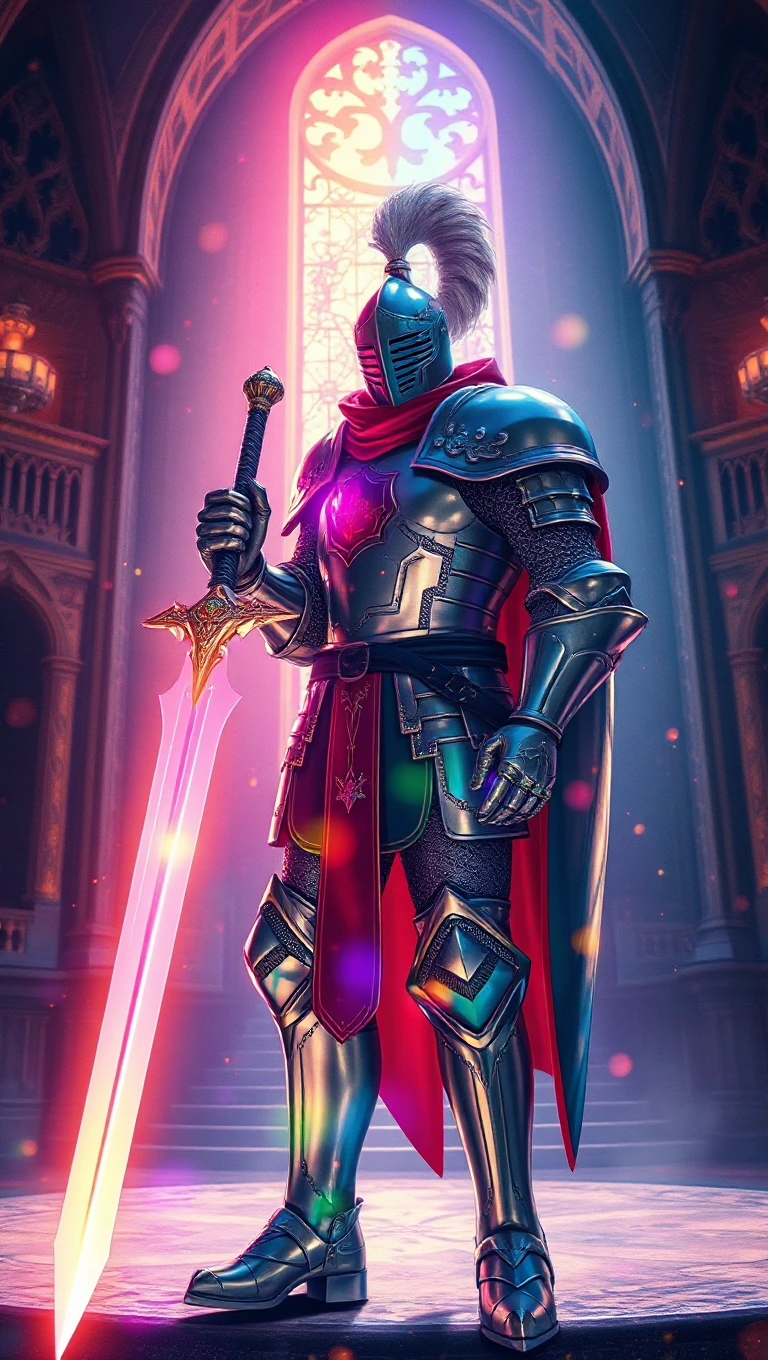 A stunning knight clad in shimmering armor, adorne…