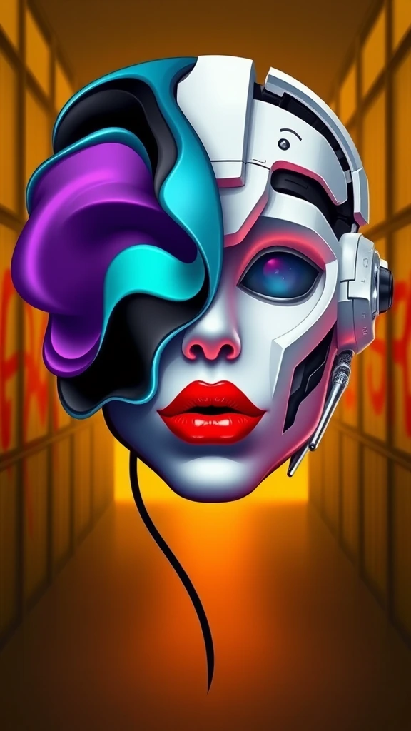 A surreal digital illustration of a stylized human face made up of abstract, fluid shapes, with a combination of smooth, flowing lines and sharp geometric edges. The left side of the face is formed by a mix of colorful, swirling liquid shapes in shades of purple, teal, and black, while the right side features a more rigid cybernetic, white, sculpted form with digital and mechanical features. The lips are bright red and glossy, positioned centrally, creating a striking focal point. The background is an eerie prison cell whit red graffiti that transitions from warm yellow-orange at the center to a darker shade at the edges, giving a glowing effect behind the abstract face. The overall style is futuristic and artistic, with a strong emphasis on contrast and symmetry.