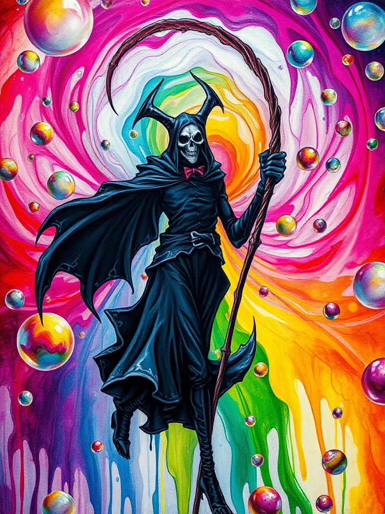 A mesmerizing blend of mutated pastel alcohol ink painting, inspired by a whimsical style, creates a fractal close-up. Vibrant colors swirl intricately inside a dripping bubble world, forming a dreamy and mystical backdrop reminiscent of a chaotic Candyland. Subtle cyber elements add a touch of dark charm while a benevolent humanoid male vampiric Grim Reaper, inspired by artists Boris Vallejo, Julie Bell, and Dorian Vallejo, floats whimsically through the composition. The distinctive styles of each artist intertwine, inviting viewers into an enchanting, otherworldly realm of artistic wonder.