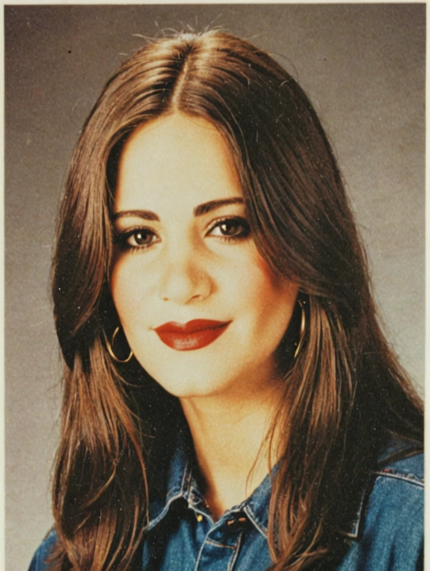 A 1993 yearbook photo of female high school student, plaid, jeans, hairspray, mini-skirts