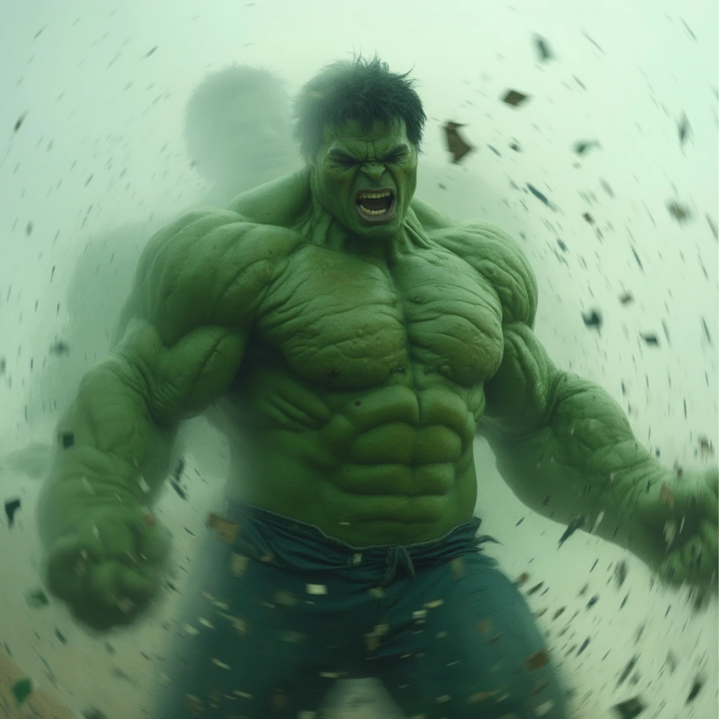 A multiple exposure photography scene capturing Mark Ruffalo turns to a massive Hulk with pain and screeming with sound waves effects. The image shows several layers of the transformation in different stages of a flowing Mark Ruffalo move, blending together with blurred transitions. Each layer highlights different points in the movement, from a man till he become the Hulk, creating a sense of fluidity, control, and power. The overlapping layers give the composition a dynamic and abstract quality, emphasizing the energy and pain and massive power of the Hulk.