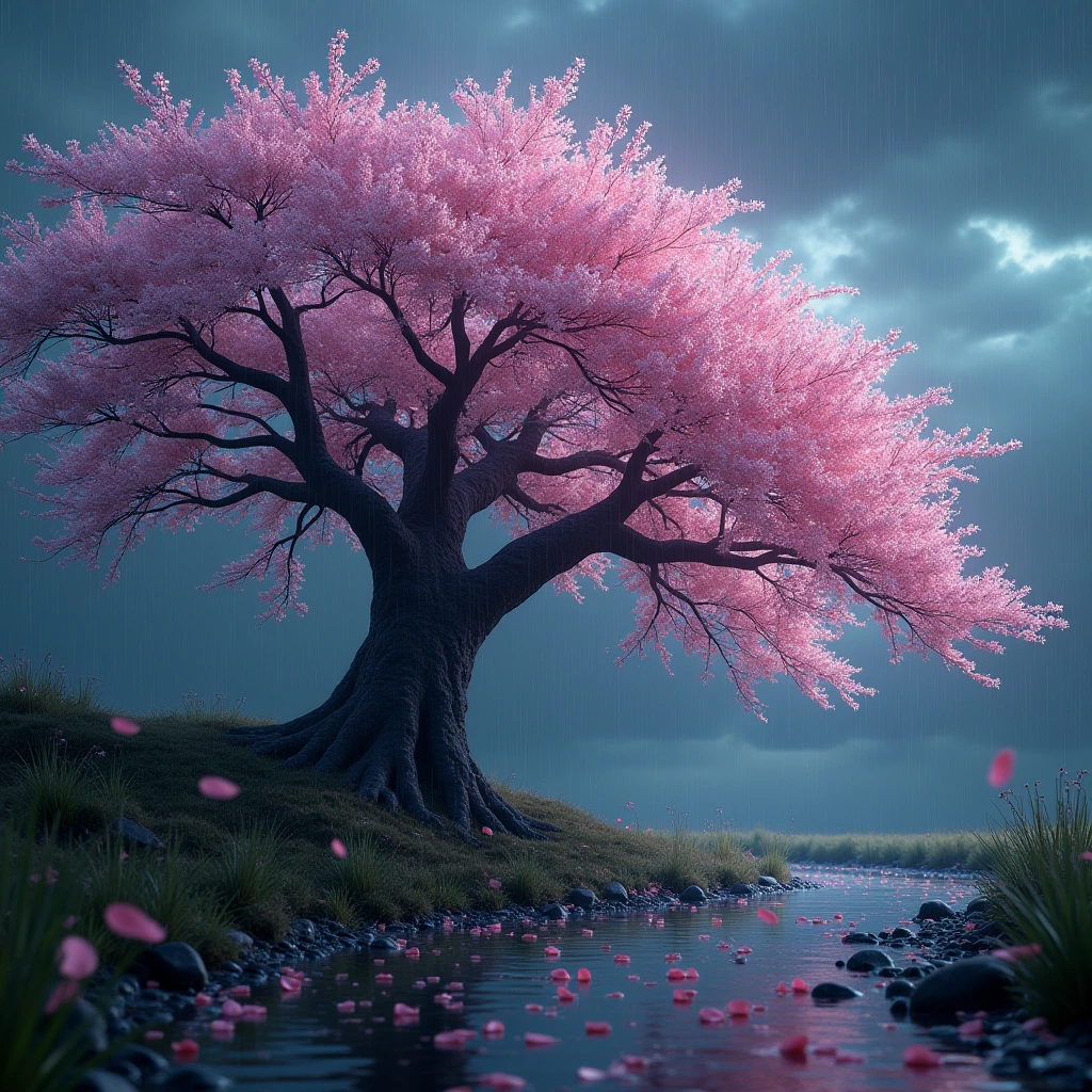 Generate a high-resolution, photorealistic image of a beautiful cherry tree in full bloom by a stream in a rainstorm, petals floating and covering the surrounding ground. The windswept canopy against the stormy sky shapes an illusion of a haunting visage, a demonic skull described by shifting light on the blossoms as the branches are blown by strong swirling winds.
, hyper-detailed, night, rendered in 8k resolution.