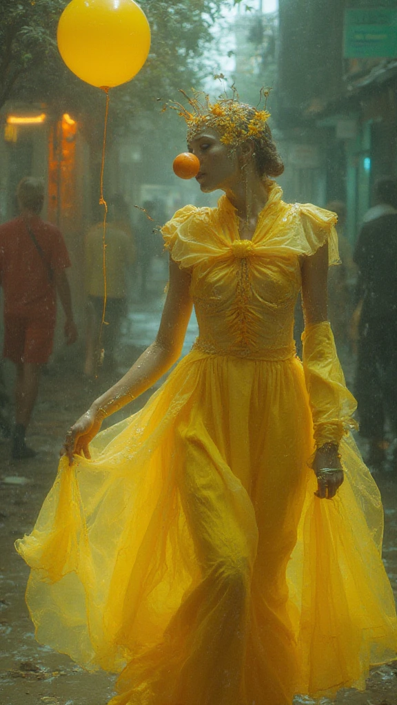 pastel Yellow colors, floral, unsettling, retro, vintage, glossy, satin-like, night-time, futuristic, iridescent, Orange shadows, clown nose, futuristic fashion, whimsical, fantasy, latex, dystopian, outdoors, metallic, hybrid, water, translucent, eerie, unsettling surrealism, muted colors horrorcore aesthetic [add buxom]