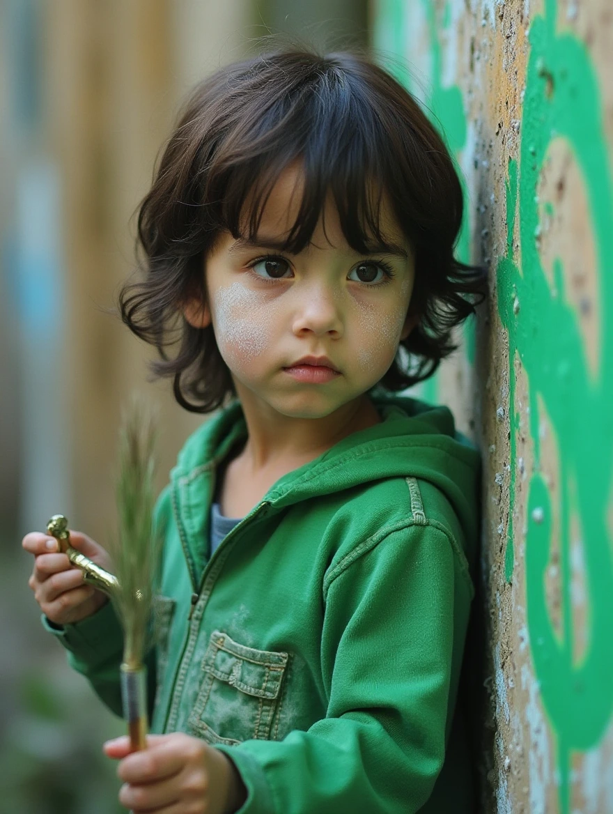 Niño de 6 años con cabello rizado piel blanca de ojos color verde vestida de rapero haciendo un graffiti