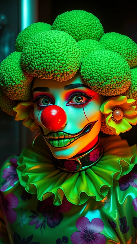 Neon colors, floral, unsettling, retro, vintage, glossy, satin-like, night-time, futuristic, iridescent,green , clown nose, futuristic fashion, scary broccoli whimsical, fantasy, green latex, dystopian, outdoors, metallic, hybrid, water, translucent, eerie, unsettling surrealism, muted colors horrorcore aesthetic [add buxom]