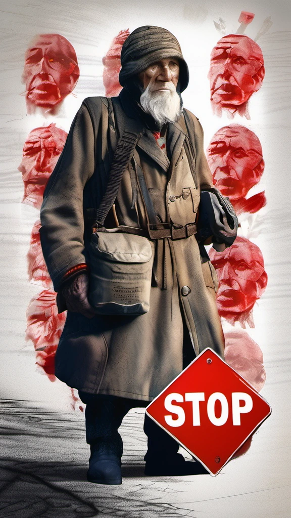 An elderly man in a war-torn setting, his face etched with profound sorrow, clutching a hand-written note with bold crimson "STOP WAR" message. Rendered in ultra-realistic 16k resolution, capturing every detail of his skin in analog style. Shot on a Plaubel Makina W67 Camera, F/2.8, utilizing HDR and soft lighting for a hyper-real, cinematic feel. The high-quality image features volumetric lighting, reflections, and an intense depth of field, resembling a poignant masterpiece.