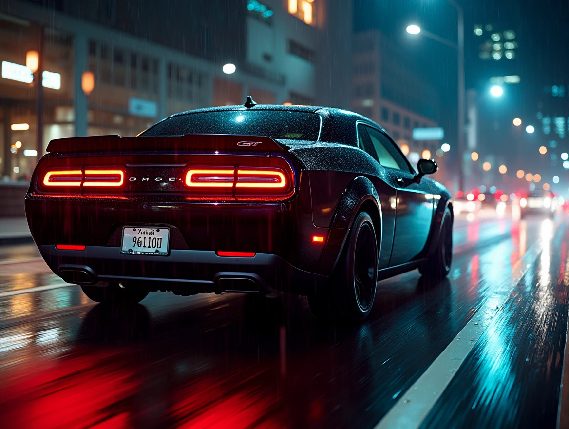 A glossy black Dodge Challenger Hellcat with bright red LED taillights cruising down a rain-soaked urban street at midnight, distorting the vibrant city lights bouncing off skyscrapers and street lamps. Captured from a low angle, showcasing the powerful presence and gleaming curves of the high-performance vehicle in stunning high definition.