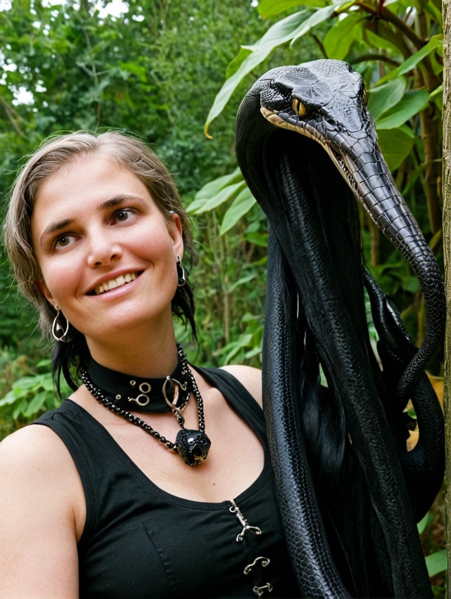 A female goth with piercings and a pet snake