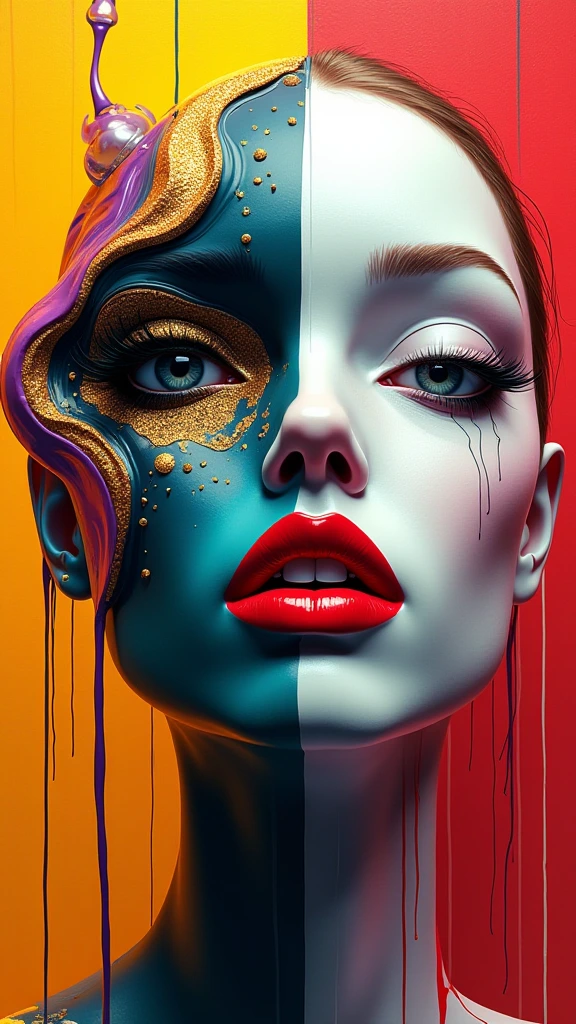 A surreal digital illustration of a stylized human face made up of abstract, fluid shapes, with a combination of smooth, flowing lines and sharp geometric edges. The left side of the face is formed by a mix of colorful, swirling liquid shapes in shades of glittery golden specks, purple, teal, and black, wet dripping down, while the right side features a more rigid cybernetic, white, sculpted form with digital and mechanical features. The lips are bright red and glossy, positioned centrally, creating a striking focal point. The background is an eerie prison cell red graffiti that transitions from warm yellow-orange at the center to a darker shade at the edges, giving a glowing effect behind the abstract face. The overall style is futuristic and artistic, with a strong emphasis on contrast and symmetry.