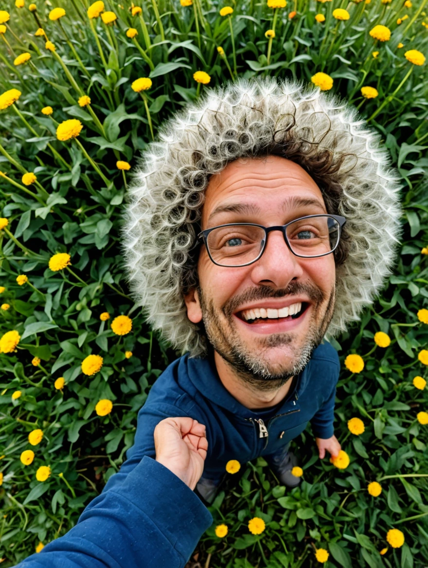 tiny man standing under a giant dandelion