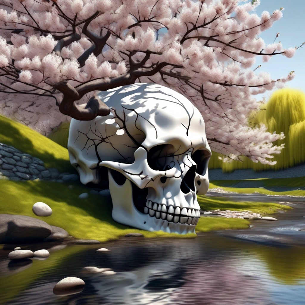 Generate a high-resolution, photorealistic image of a beautiful cherry tree in full bloom by a stream.
The illusion of a skull appears to be formed by the arrangement of windswept blossoms and boughs, as though through double exposure
, rendered in 8k resolution. In the style of Andy Goldsworthy and MC Escher