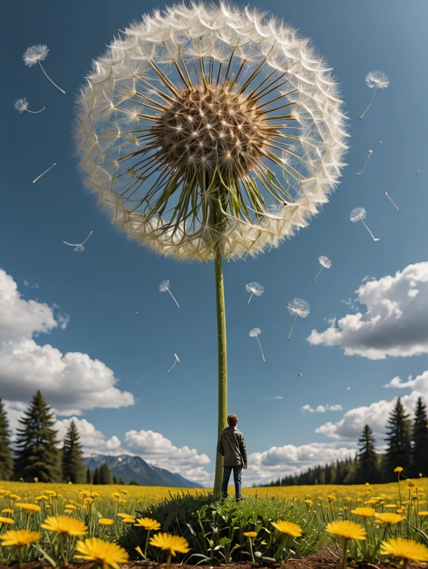 tiny man standing under a giant dandelion