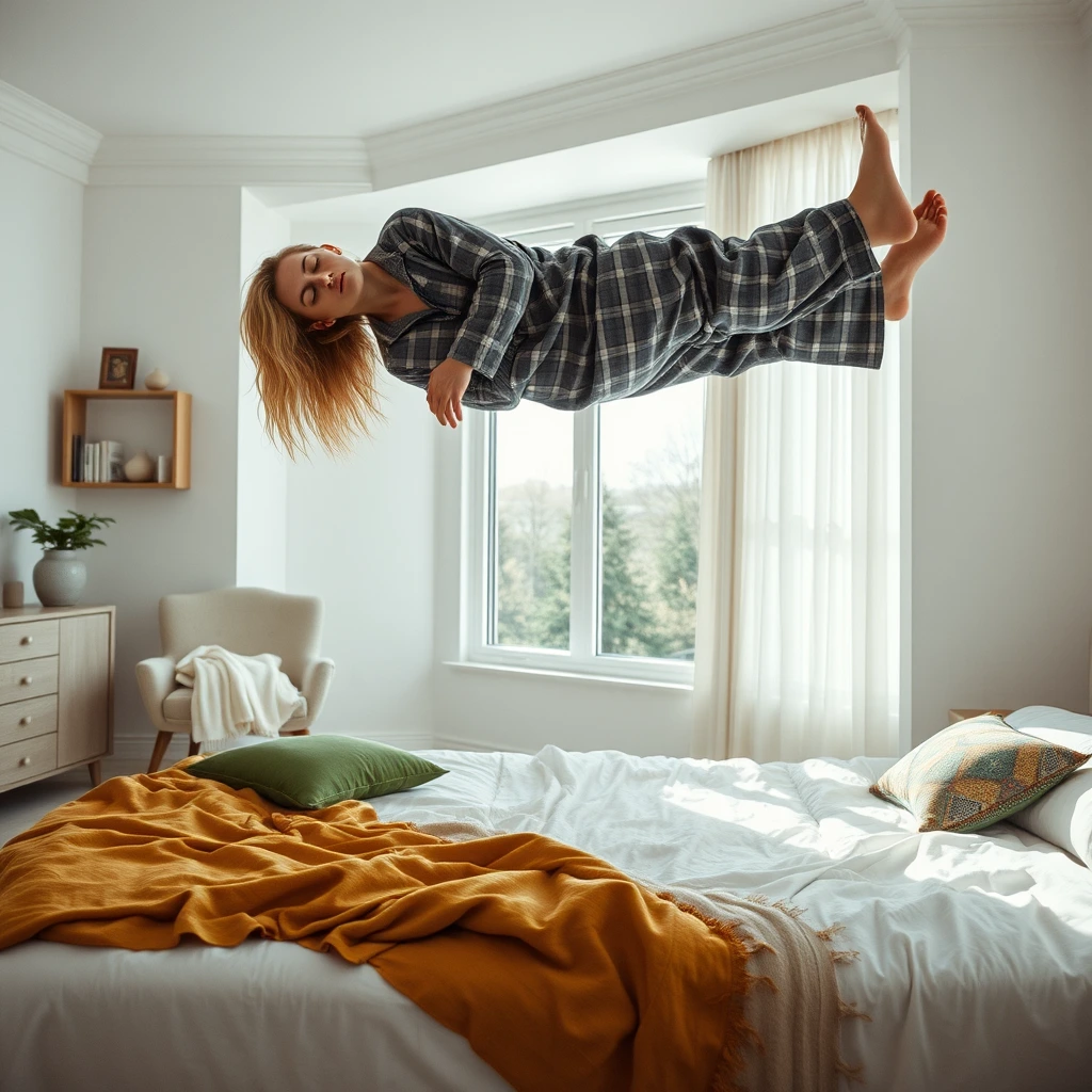 A surreal image of a modern, well-lit bedroom with a man levitating horizontally above a bed. The man has long blonde hair, wearing a gray plaid pajama, and appears to be in a deep sleep or relaxed state, with his eyes closed. while the rest of his body is suspended in the air. The bed below him has a white, slightly disheveled sheet, with a mustard yellow blanket partially draped over the side. There are two pillows on the bed, one green and another with a colorful geometric pattern. In the background, a cozy upholstered chair with a white blanket draped over it is visible. To the left, there is an open shelf with books and decorative objects, and a potted plant on a dresser. The room is softly lit by natural light coming through a large window, illuminating the serene yet mysterious scene. The walls are light-colored, likely white or a very pale shade, which enhances the focus on the levitating woman and the soft-toned elements in the room. The overall atmosphere is calm and serene, with the levitation adding a dreamlike, slightly unsettling contrast.