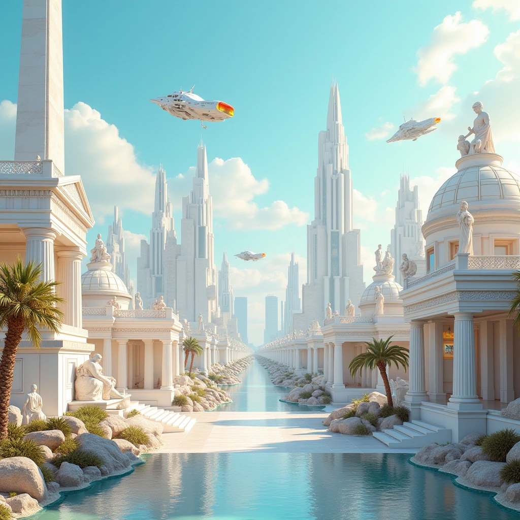 A Greco-Futurism styled cityscape blending ancient Greek architectural elements with futuristic buildings rises against the horizon. The skyline showcases a fusion of marble temples, statues, and columns harmonizing with sleek skyscrapers, flying vehicles, and holographic billboards. The color palette plays with whites, golds, and hints of neon blue accents to create a mesmerizing contrast. The scene invites viewers to ponder the coexistence of past and future in a vibrant and dynamic metropolis.