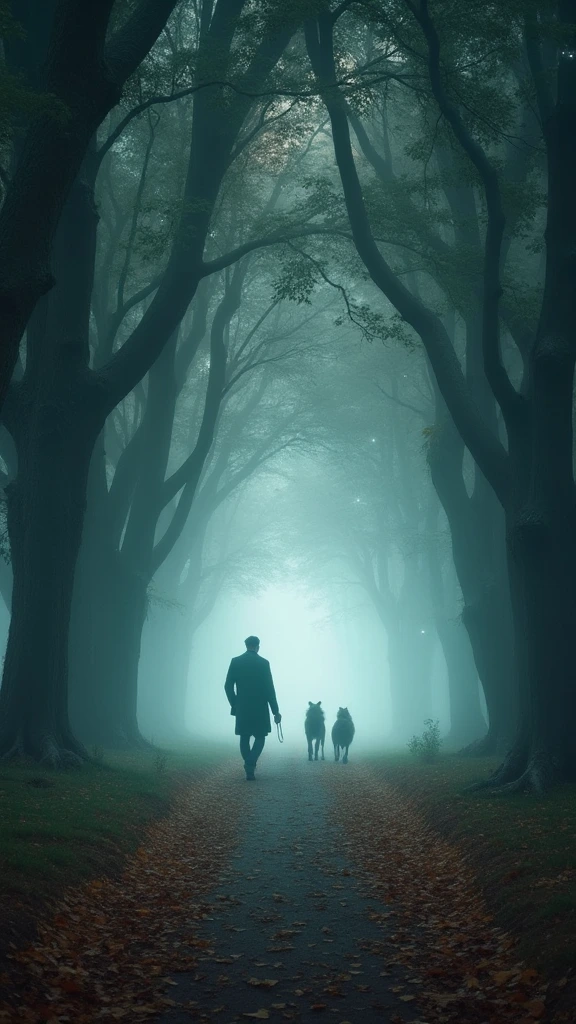 An enchanting astrophotograph capturing a misty tunnel created by the intertwined branches of towering trees, with a beautiful figure walking slowly down the path under it. The wind is stirring up a whirlwind of autumn leaves. The mystical ambiance is enhanced by ethereal light filtering through the fog, illuminating a figure in motion. It is a man wearing dark coat, with a two beautiful big dogs by his side. Faintly twinkling stars peek through the canopy, infusing the scene with a dreamy cosmic touch reminiscent of a Thomas Kinkade masterpiece. analog style, RAW photo, hyper real photo, ultrarealistic uhd faces, 8k uhd, dslr, soft lighting, high quality, film grain, Fujifilm XT3, photographed on a Plaubel Makina W67 Camera, 50mm lens, F/2. 8, HDR, hyper-realistic, colorgraded, volumetric lighting, shallow depth of field, reflections, absurdres, fashion shot