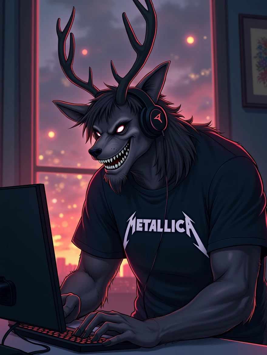 An evil looking anime-style illustration featuring an adult humanoid Wendigo with Antlers and no eyes, wearing headphones and Metallica T-shirt as he works on his computer. Soft, warm lighting highlights his fur, creating a cozy and nostalgic atmosphere. Through the window behind him, a bustling cityscape can be seen. In the top right corner, a touch of artistic flair adds to the overall stylish composition.