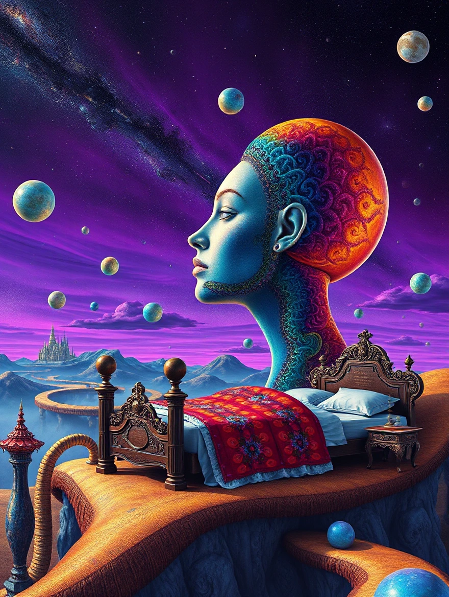 An otherworldly landscape inspired by Salvador Dali's surreal style, where a whimsical bed is placed under a starry purple sky,a painting of a woman's face with a city in the background, fantasy drawing made of fractals, colorful melting human head lying a throne in a fantasy land, portrait of a dreamer, depicted as a 3 d render, side profile artwork, psytrance, featured on twisted designs surrounded by bizarre and dreamlike scenery.