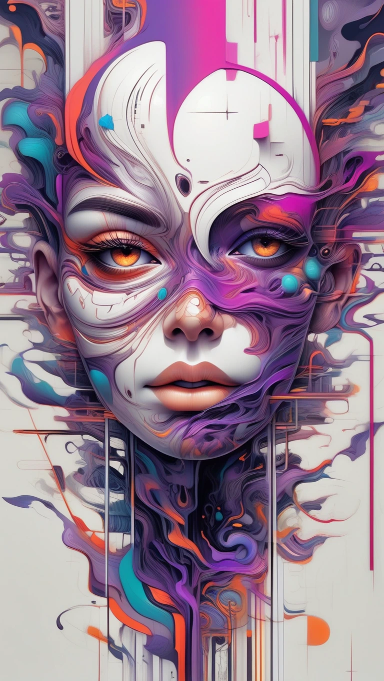 A surreal digital illustration of a stylized human face made up of abstract, fluid shapes, with a combination of smooth, flowing lines and sharp geometric edges. The left side of the face is formed by a mix of colorful, swirling liquid shapes in shades of purple, teal, and black, wet dripping down, while the right side features a more rigid cybernetic, white, sculpted form with digital and mechanical features. The lips are bright red and glossy, positioned centrally, creating a striking focal point. The background is an eerie prison cell red graffiti that transitions from warm yellow-orange at the center to a darker shade at the edges, giving a glowing effect behind the abstract face. The overall style is futuristic and artistic, with a strong emphasis on contrast and symmetry.