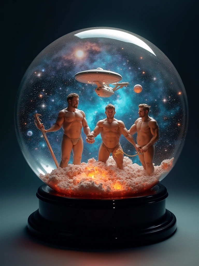 Three miniatures men bondage latex rubber men miniatures lovers of Tropical Romance and torture games of kidnapping asphyxiation abducted by the rubber fat flying  cupid in a round glass sphere measuring 12 inches in diameter, with a glowing galaxy and the spaceship 'USS Enterprise ' inside featuring intricate details of swirling stars, colorful nebulas, and planetary systems. The glass sphere is placed on a sleek black base, illuminated by soft spotlighting to enhance the photorealistic quality of the galaxy within.