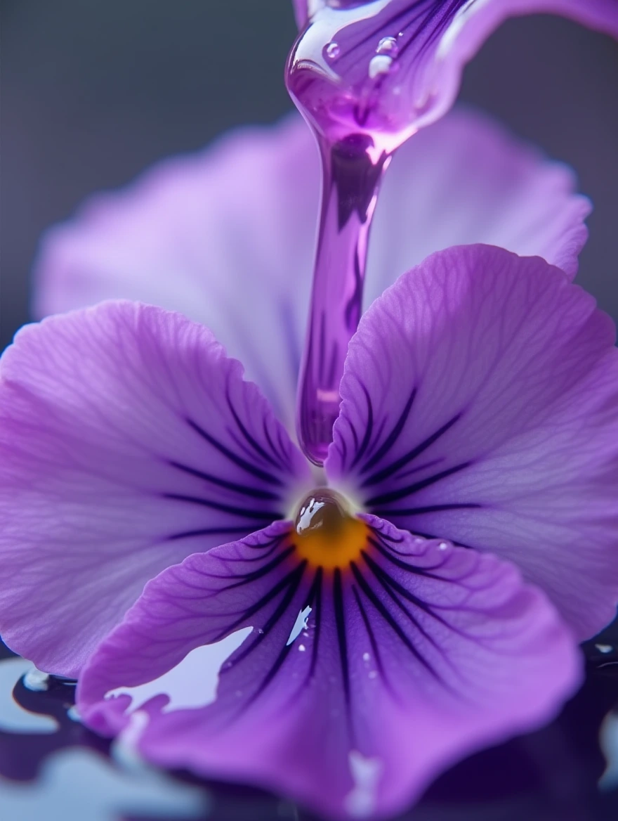 Splashing purple liquid, close-up, purple rain falling on violets, macro photo focus on splashing purple raindrops on the violet petal, in the style of Robert Crumb, Stanley George Miller, and Arnulf Rainer, create a image "Purple Rain falling on violets, macro photo focus on splashing purple raindrops on the lavender sidewalk