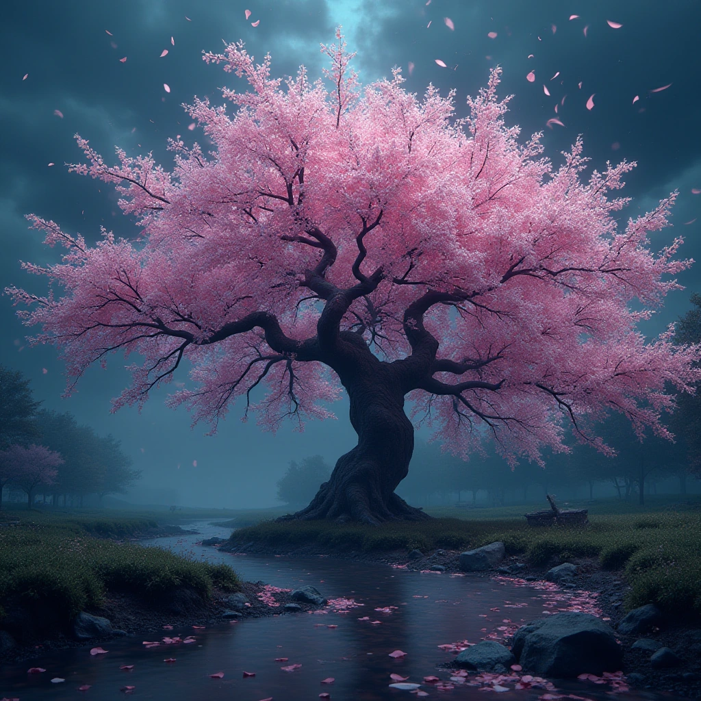 Generate a high-resolution, photorealistic image of a beautiful cherry tree in full bloom by a stream in a thunderstorm, petals floating and covering the surrounding ground. The arrangement of windswept boughs against the stormy sky creates the illusion of a haunting visage in the canopy, a demonic skull described by shifting light on the blossoms as the branches are blown by strong swirling winds.
, hyper-detailed, night, rendered in 8k resolution.