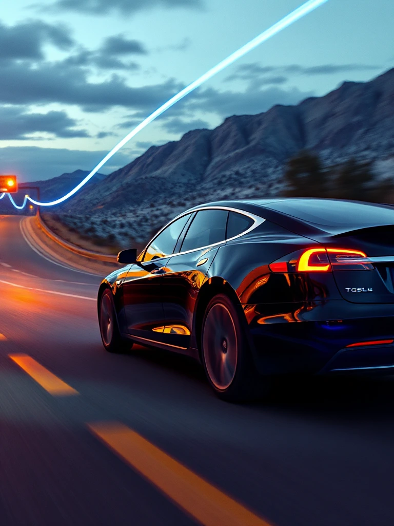 A black Tesla Model S speeding through Flagstaff under a streak of blue lights, capturing the essence of a 24-hour journey on the highway. The scene is surrealist, reminiscent of Picasso's style - fantastical, magical, and unexpected. The picture is filled with super details that give it a dreamy, lo-fi photography vibe. The colors are vibrant and the composition is like a graphic novel come to life, with an abstract art twist.