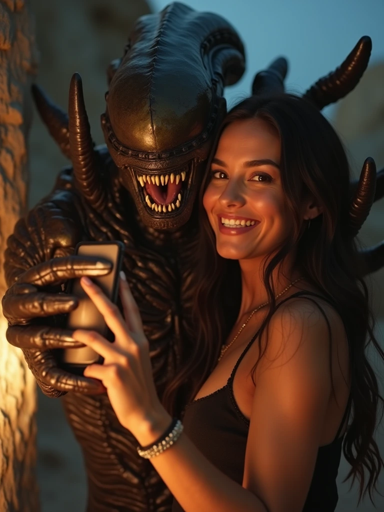 A stunning woman photobombed by Xenomorph while taking a selfie. He wraps his arms around her in a tightly and they both smile