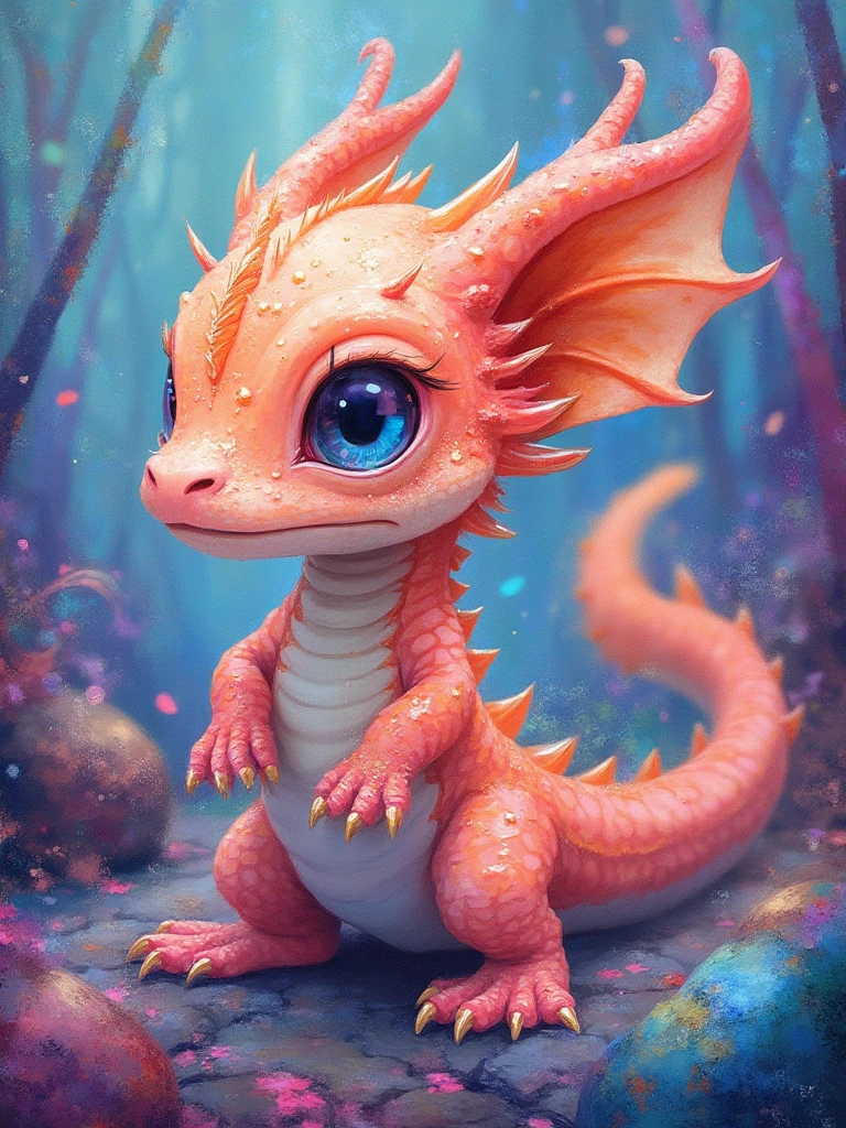 Create a close-up of an adorable chibi salamander dragon with a mesmerizing blend of pastel alcohol ink and acrylic glitter paint, painting inspired by the whimsical styles of Michael Cheval, Luis Royo, and Mucha reminiscent mashup of Nordic and Scandinavian art styles. Vibrant colors blend in intricate swirls, creating a dreamy, ethereal background reminiscent of a mystical Candyland. Subtle grunge elements add a touch of dark charm, while hints of a benevolence whimsical appearance float through the composition. The distinctive styles of each artist intertwine, inviting viewers into an enchanting, otherworldly realm of artistic wonder.