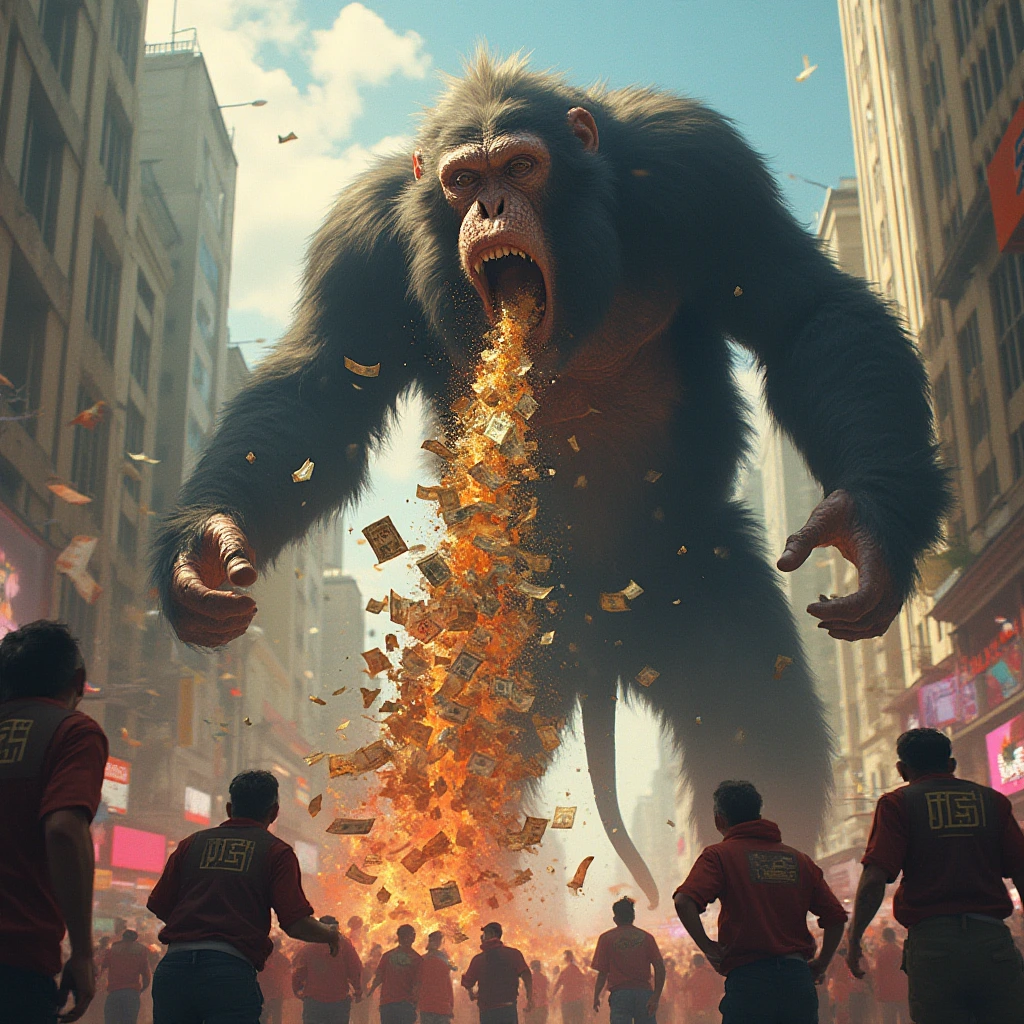 A towering, larger-than-life beautiful Monkey , gleaming with power and mischief, unleashes a vibrant stream of assorted chunks of Money vomit from its jaws. The chaotic scene with people running with the word "JEET" on their shirt, unfolds in a bustling cityscape below, with buildings crumbling and colorful magic adding an element of destruction in this photorealistic depiction.