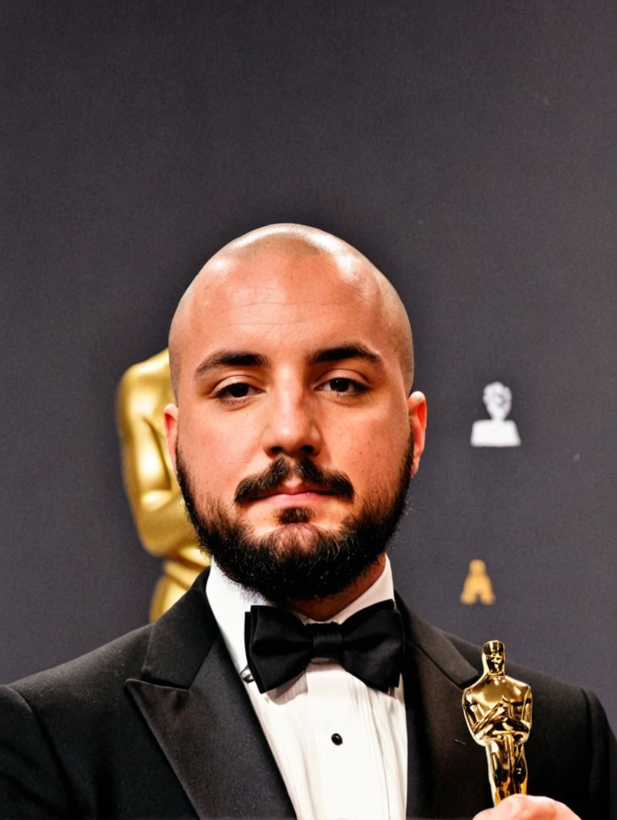 Man wearing a tuxedo winning an Oscar