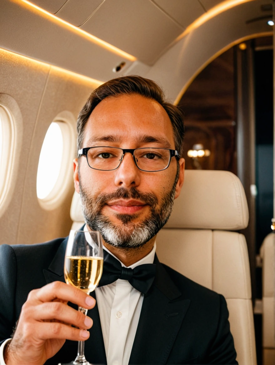 man drinking champagne on a private jet